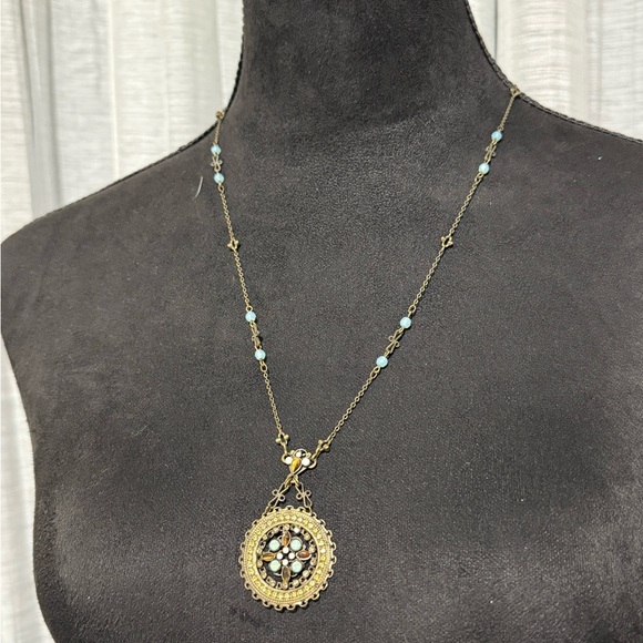 Boho Medallion Pendant Necklace | Antique Gold Tone | Blue Stone Details - Picture 3 of 6